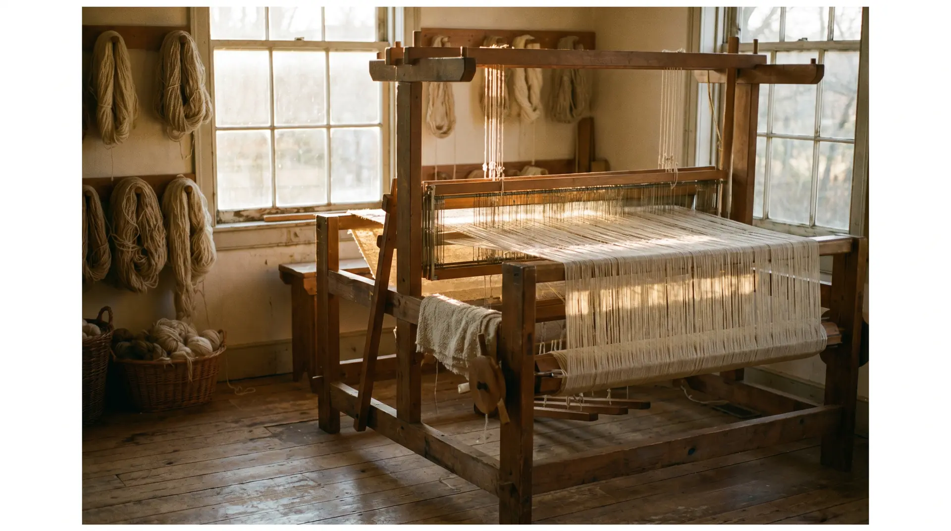 A wooden floor loom strung with pale linen warp threads in a sunlit studio